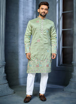 Thumbnail for Prazu Fashion Pista Soft Silk Multi Thread Embroidery Deer Pattern Daaman Concept Kurta
