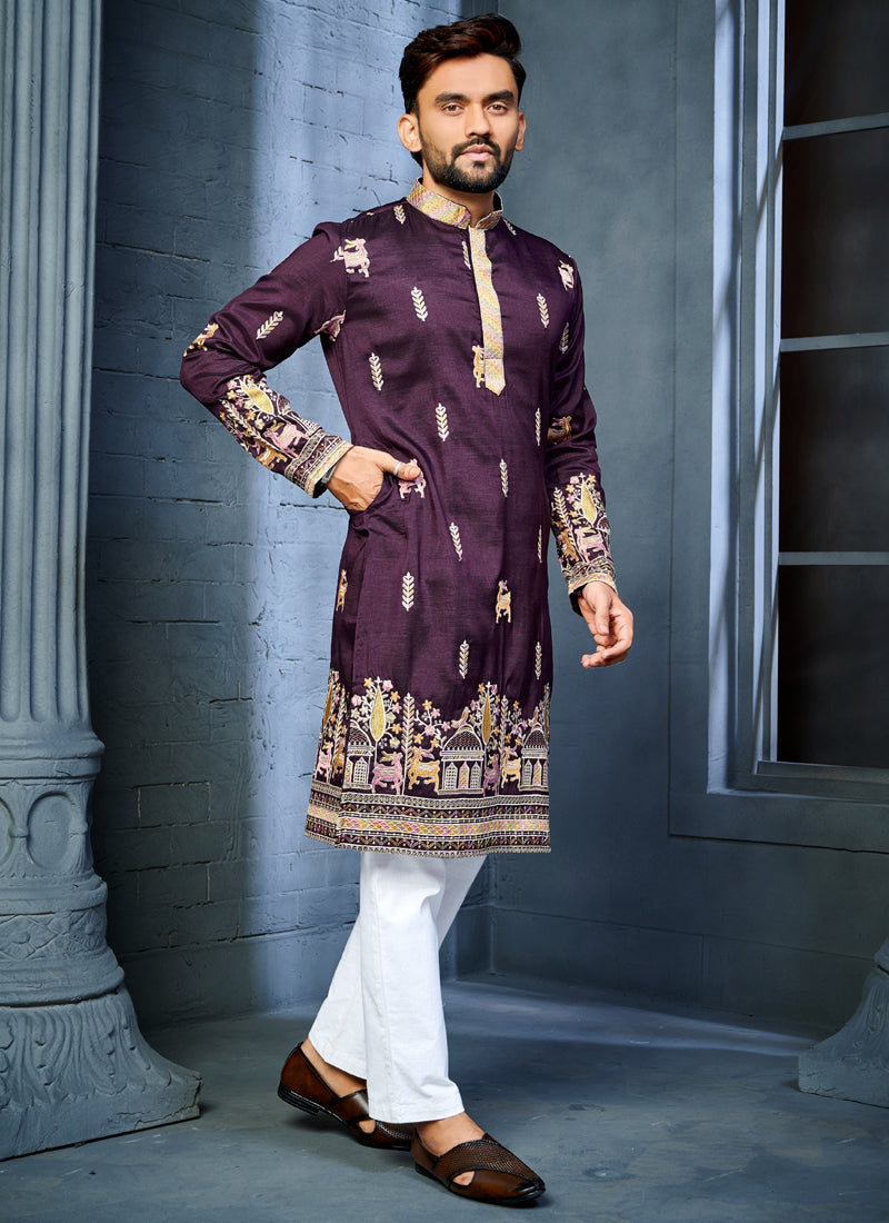 Prazu Fashion Purple Soft Silk Multi Thread Embroidery Deer Pattern Daaman Concept Kurta