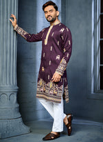 Thumbnail for Prazu Fashion Purple Soft Silk Multi Thread Embroidery Deer Pattern Daaman Concept Kurta