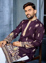 Thumbnail for Prazu Fashion Purple Soft Silk Multi Thread Embroidery Deer Pattern Daaman Concept Kurta