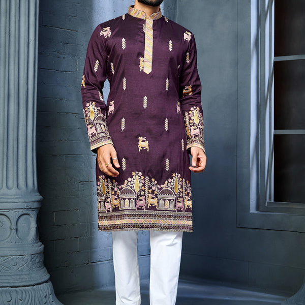 Prazu Fashion Purple Soft Silk Multi Thread Embroidery Deer Pattern Daaman Concept Kurta