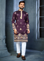 Thumbnail for Prazu Fashion Purple Soft Silk Multi Thread Embroidery Deer Pattern Daaman Concept Kurta