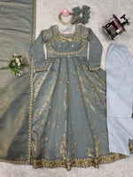 Thumbnail for The52 Women's Beautiful Fandy Silk Fabric Embroidery Work Flared Anarkali Pant and Dupatta Set - Distacart