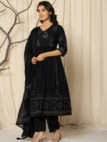 Thumbnail for Printed Cotton Anarkali Kurta With Pant & Dupatta, Black - Hiral Fashion - Distacart