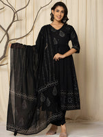 Thumbnail for Printed Cotton Anarkali Kurta With Pant & Dupatta, Black - Hiral Fashion - Distacart