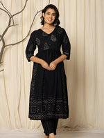 Thumbnail for Printed Cotton Anarkali Kurta With Pant & Dupatta, Black - Hiral Fashion - Distacart