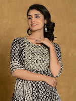 Thumbnail for Printed Cotton Anarkali Kurta With Pant & Dupatta, Black - Hiral Fashion - Distacart