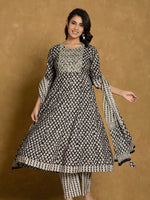 Thumbnail for Printed Cotton Anarkali Kurta With Pant & Dupatta, Black - Hiral Fashion - Distacart