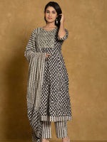 Thumbnail for Printed Cotton Anarkali Kurta With Pant & Dupatta, Black - Hiral Fashion - Distacart
