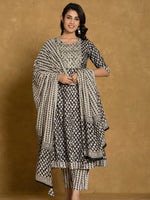 Thumbnail for Printed Cotton Anarkali Kurta With Pant & Dupatta, Black - Hiral Fashion - Distacart