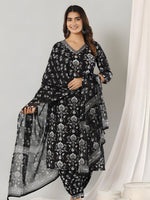 Thumbnail for Printed Cotton Straight Kurta With Pant & Dupatta, Black - Hiral Fashion - Distacart