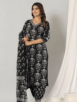 Thumbnail for Printed Cotton Straight Kurta With Pant & Dupatta, Black - Hiral Fashion - Distacart