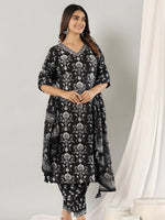 Thumbnail for Printed Cotton Straight Kurta With Pant & Dupatta, Black - Hiral Fashion - Distacart