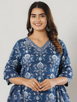Thumbnail for Printed Cotton Straight Kurta With Pant & Dupatta, Blue - Hiral Fashion - Distacart