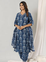 Thumbnail for Printed Cotton Straight Kurta With Pant & Dupatta, Blue - Hiral Fashion - Distacart
