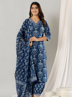 Thumbnail for Printed Cotton Straight Kurta With Pant & Dupatta, Blue - Hiral Fashion - Distacart
