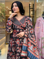 Thumbnail for Printed Designer Neck Flared Anarkali Kurta With Pant & Dupatta, Black - Hiral Fashion - Distacart