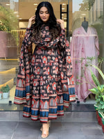 Thumbnail for Printed Designer Neck Flared Anarkali Kurta With Pant & Dupatta, Black - Hiral Fashion - Distacart