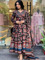 Thumbnail for Printed Designer Neck Flared Anarkali Kurta With Pant & Dupatta, Black - Hiral Fashion - Distacart