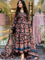 Thumbnail for Printed Designer Neck Flared Anarkali Kurta With Pant & Dupatta, Black - Hiral Fashion - Distacart
