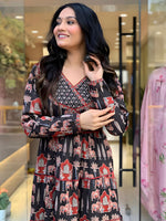 Thumbnail for Printed Designer Neck Flared Anarkali Kurta With Pant & Dupatta, Black - Hiral Fashion - Distacart