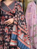Thumbnail for Printed Designer Neck Flared Anarkali Kurta With Pant & Dupatta, Black - Hiral Fashion - Distacart