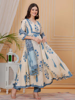 Thumbnail for Printed Designer Neck Flared Anarkali Kurta With Pant & Dupatta, Aqua-Blue - Hiral Fashion - Distacart