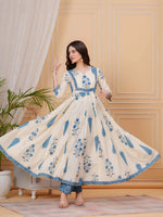 Thumbnail for Printed Designer Neck Flared Anarkali Kurta With Pant & Dupatta, Aqua-Blue - Hiral Fashion - Distacart