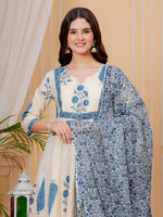Thumbnail for Printed Designer Neck Flared Anarkali Kurta With Pant & Dupatta, Aqua-Blue - Hiral Fashion - Distacart