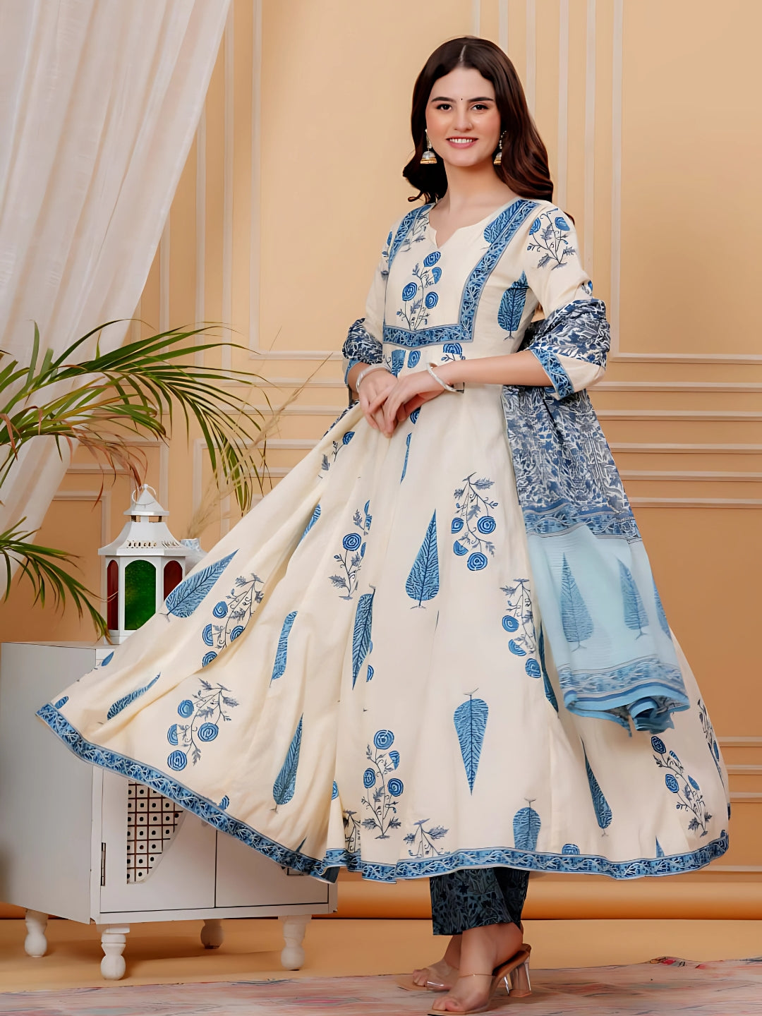 Printed Designer Neck Flared Anarkali Kurta With Pant & Dupatta, Aqua-Blue - Hiral Fashion - Distacart