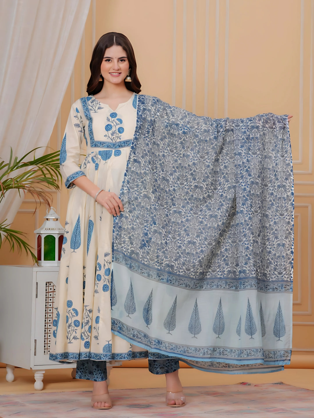 Printed Designer Neck Flared Anarkali Kurta With Pant & Dupatta, Aqua-Blue - Hiral Fashion - Distacart