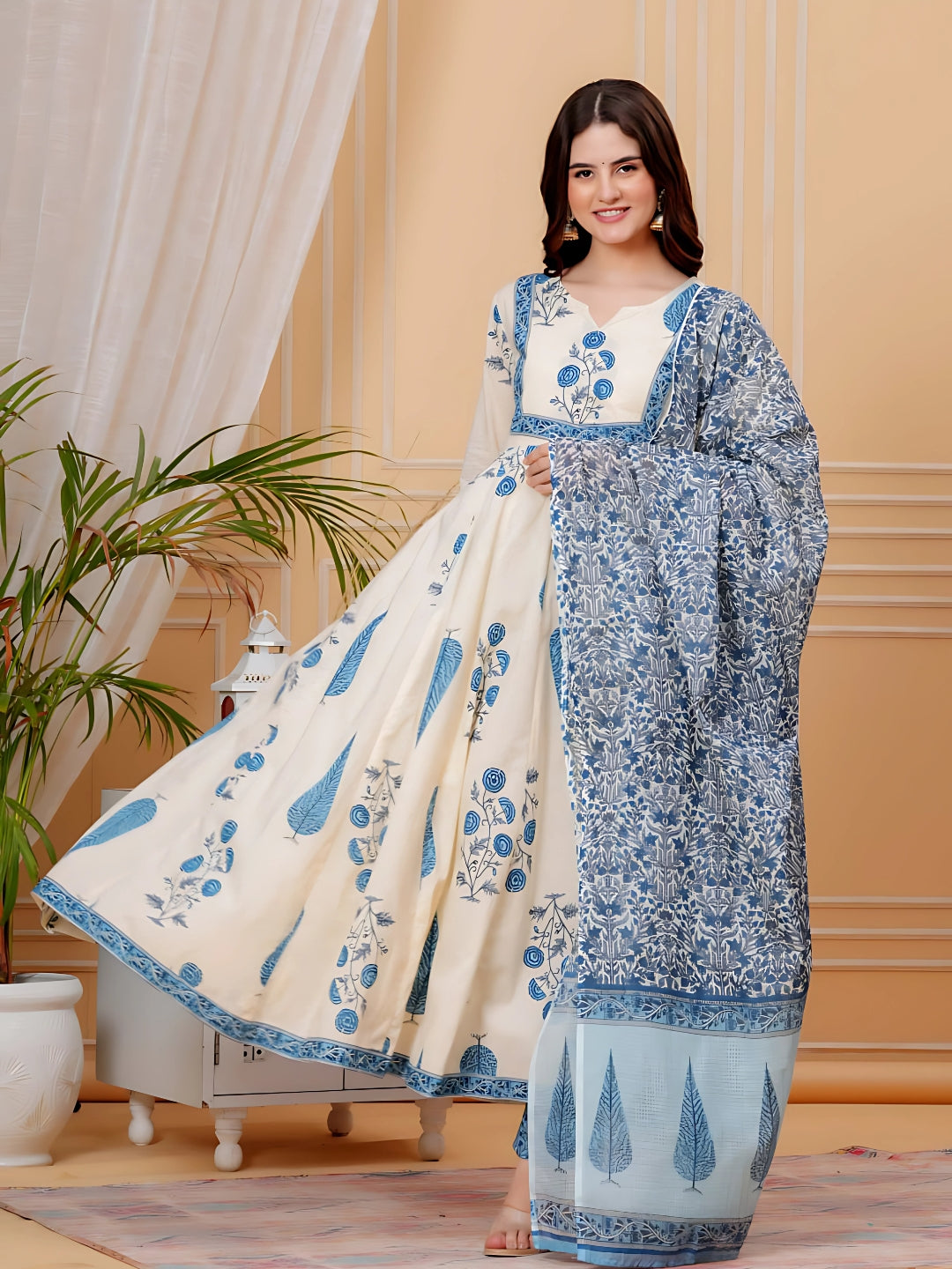 Printed Designer Neck Flared Anarkali Kurta With Pant & Dupatta, Aqua-Blue - Hiral Fashion - Distacart