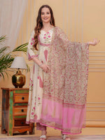 Thumbnail for Printed Designer Neck Flared Anarkali Kurta With Pant & Dupatta, Pink - Hiral Fashion - Distacart