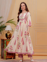 Thumbnail for Printed Designer Neck Flared Anarkali Kurta With Pant & Dupatta, Pink - Hiral Fashion - Distacart