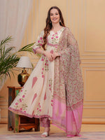 Thumbnail for Printed Designer Neck Flared Anarkali Kurta With Pant & Dupatta, Pink - Hiral Fashion - Distacart
