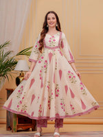 Thumbnail for Printed Designer Neck Flared Anarkali Kurta With Pant & Dupatta, Pink - Hiral Fashion - Distacart