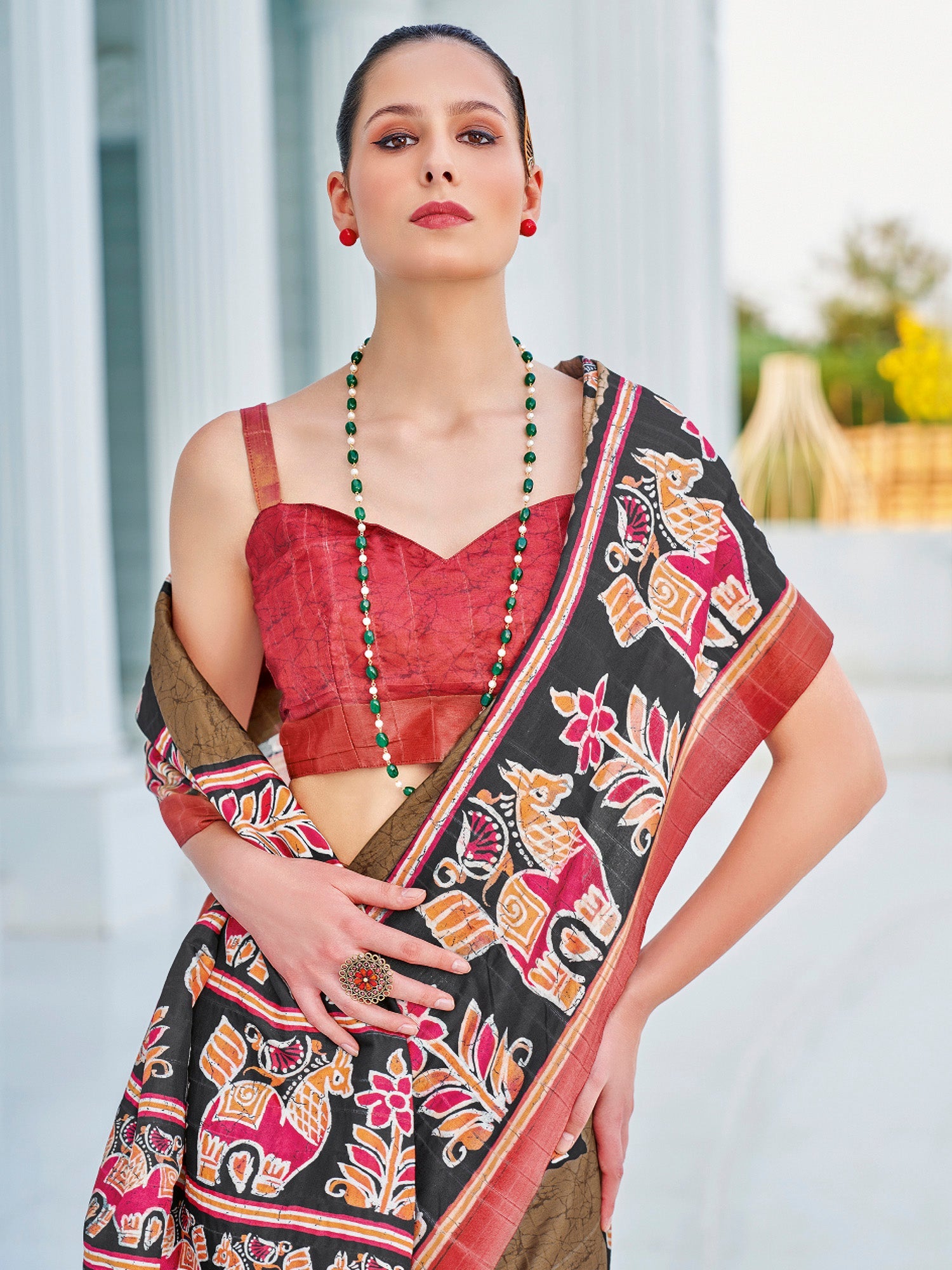 NOZ2TOZ Women's Cotton Blend Olive Printed Designer Saree With Blouse Piece - Distacart