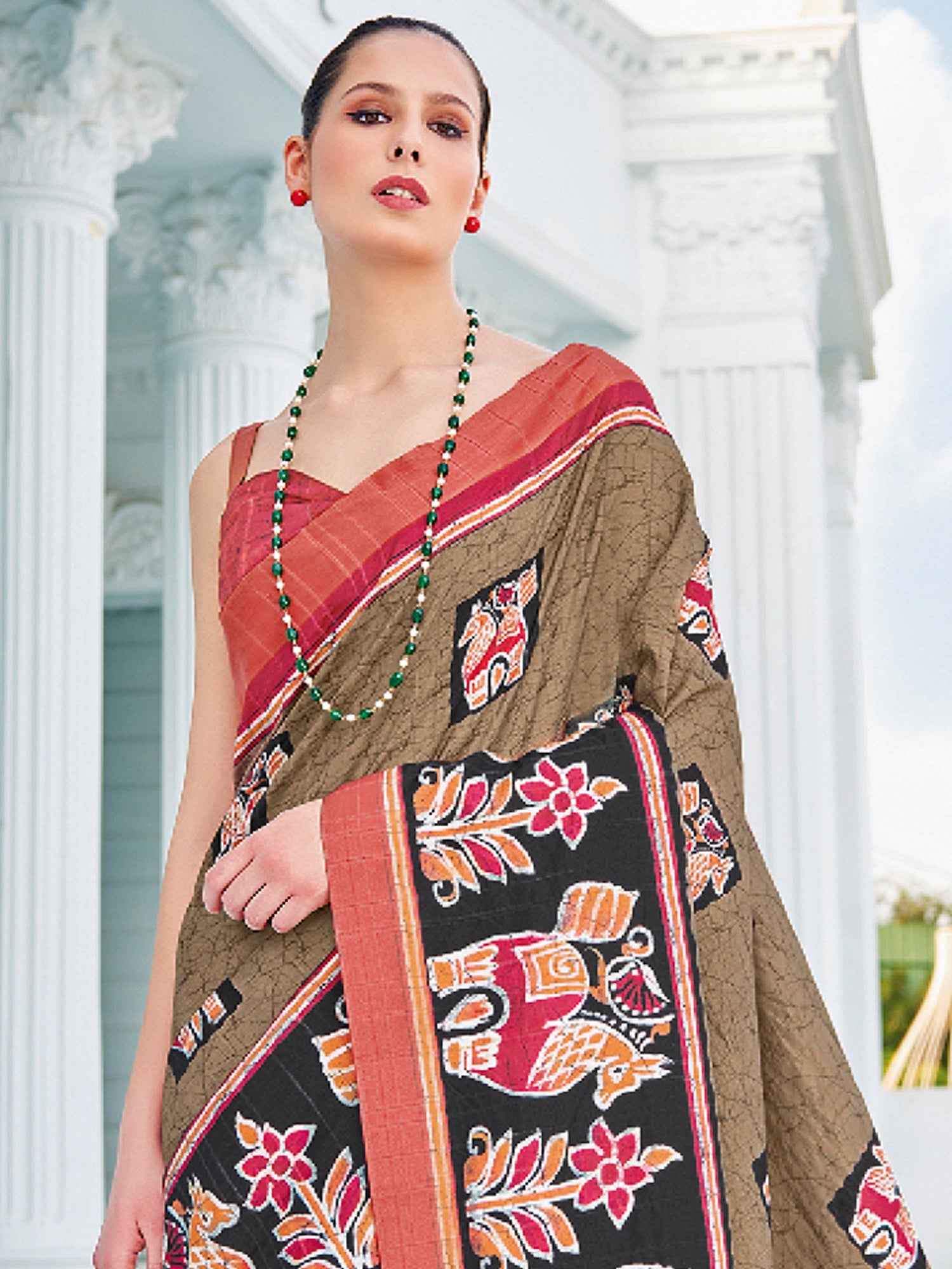 NOZ2TOZ Women's Cotton Blend Olive Printed Designer Saree With Blouse Piece - Distacart