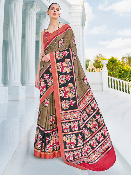 NOZ2TOZ Women's Cotton Blend Olive Printed Designer Saree With Blouse Piece - Distacart