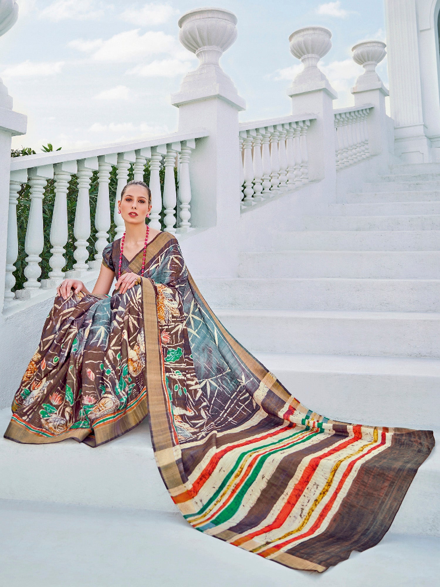 NOZ2TOZ Women's Cotton Blend Brown Printed Designer Saree With Blouse Piece - Distacart