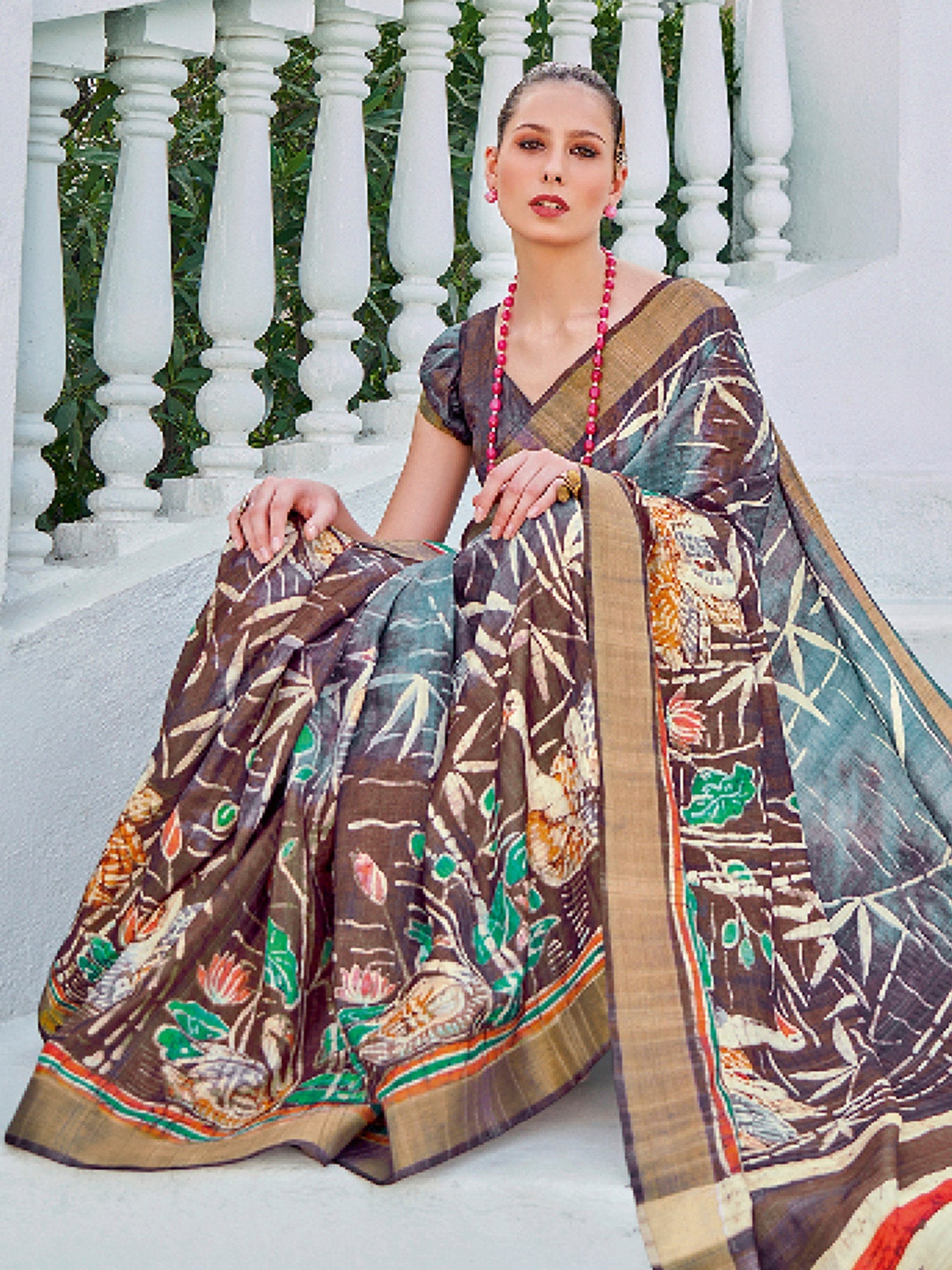 NOZ2TOZ Women's Cotton Blend Brown Printed Designer Saree With Blouse Piece - Distacart