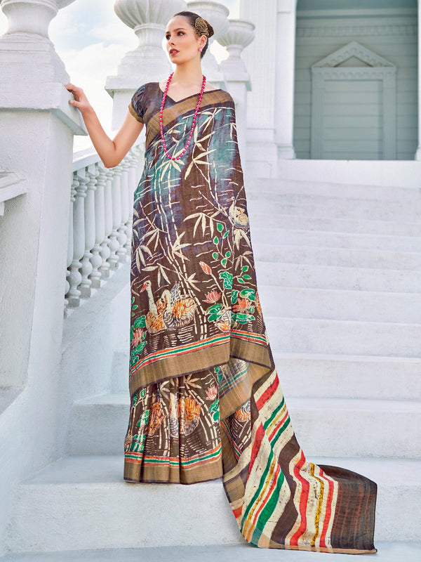NOZ2TOZ Women's Cotton Blend Brown Printed Designer Saree With Blouse Piece - Distacart