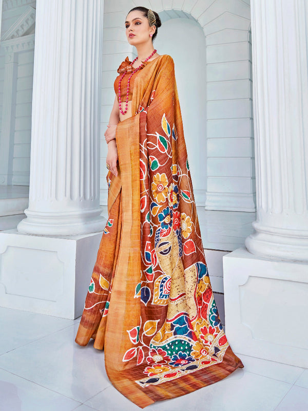 NOZ2TOZ Women's Cotton Blend Orange Printed Designer Saree With Blouse Piece - Distacart