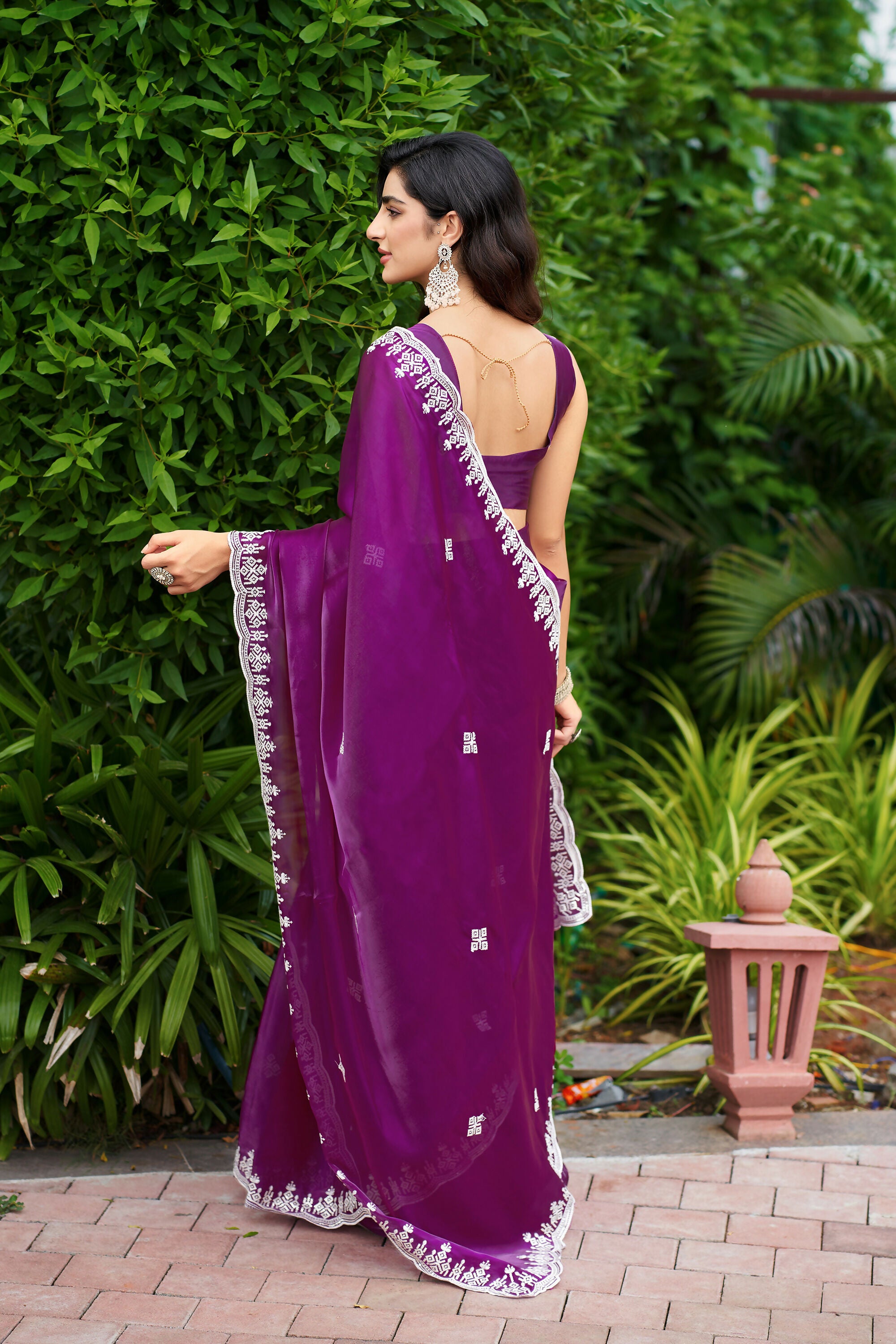 Vastranavya Purple Embroidery Work Shimmer Chiffon Saree with Unstitched Blouse