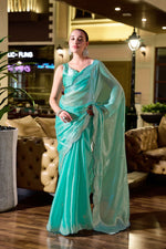 Thumbnail for Vastranavya Turquoise Embroidery Work Shimmer Chiffon Saree with Unstitched Blouse
