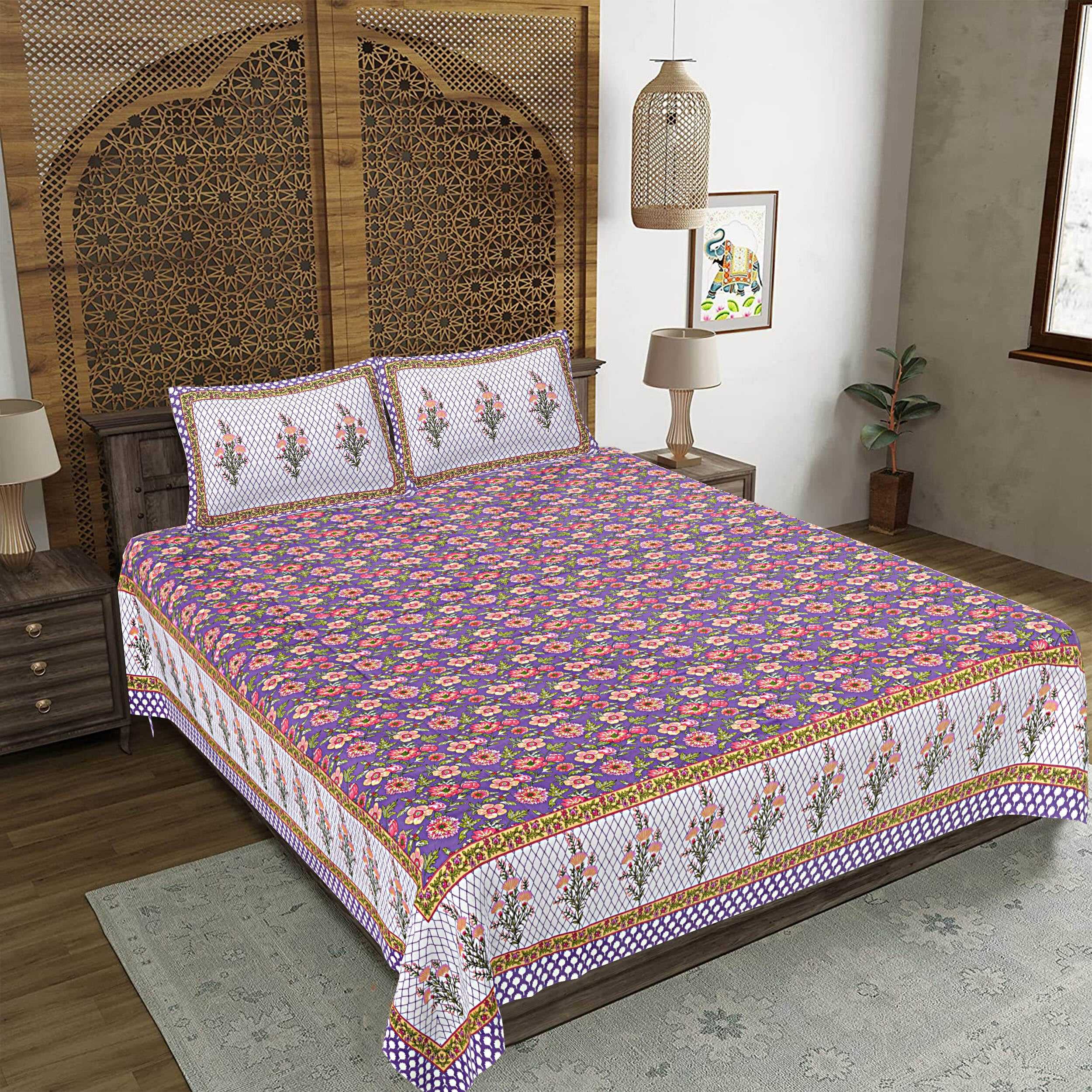Rudra Bazaar Purple 210 TC Cotton Double King Bedsheet With 2 Pillow Covers - Distacart