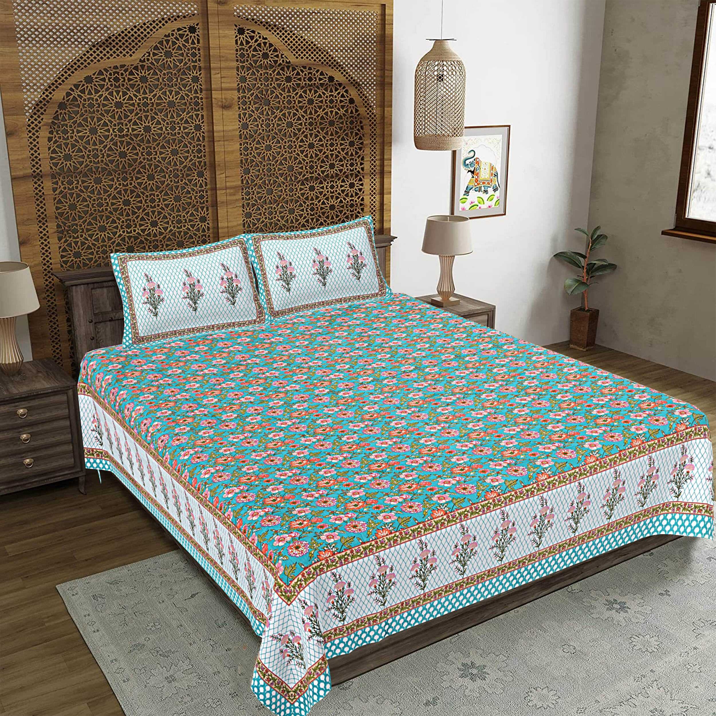 Rudra Bazaar Turquoise Blue 210 TC Cotton Double King Bedsheet With 2 Pillow Covers - Distacart