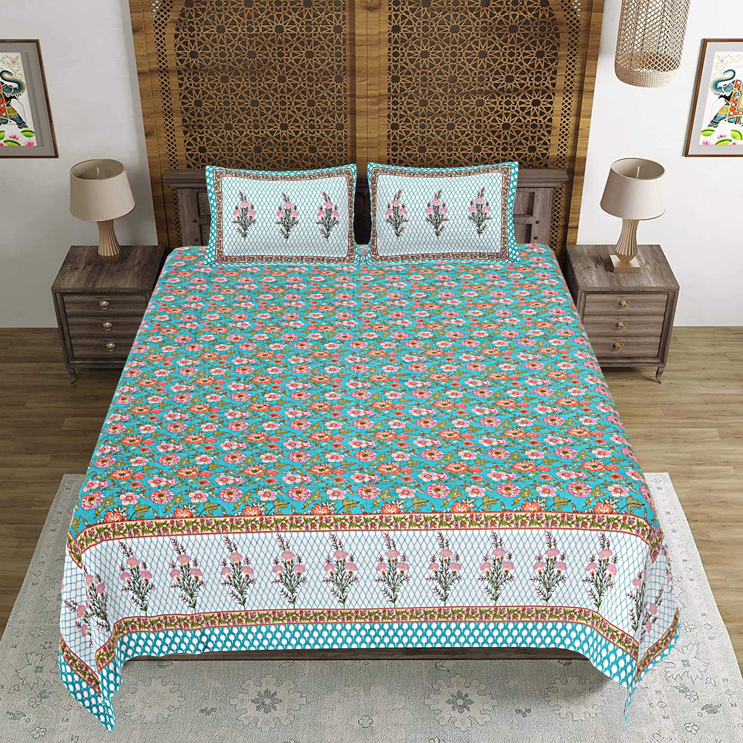 Rudra Bazaar Turquoise Blue 210 TC Cotton Double King Bedsheet With 2 Pillow Covers - Distacart