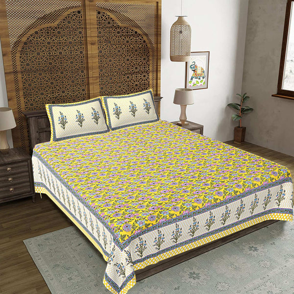 Rudra Bazaar Yellow 210 TC Cotton Double King Bedsheet With 2 Pillow Covers