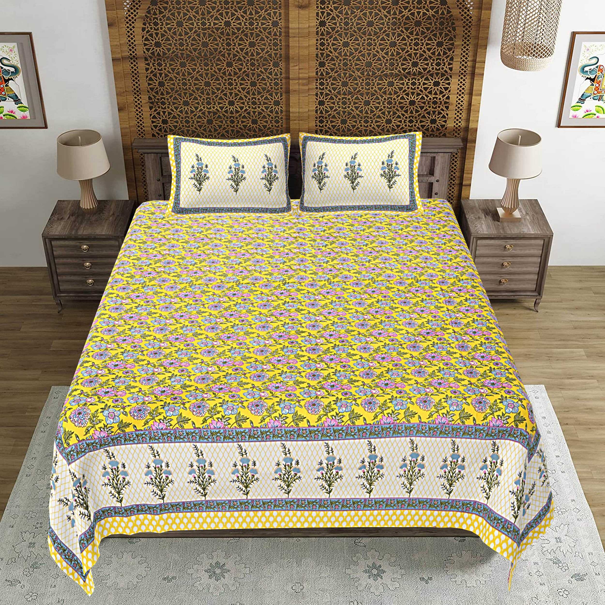 Rudra Bazaar Yellow 210 TC Cotton Double King Bedsheet With 2 Pillow Covers - Distacart